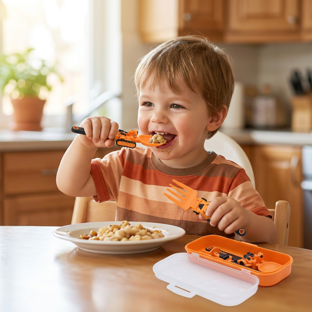 3-Piece Construction Vehicle Kids’ Utensil Set with Spoon, Fork & Travel Case