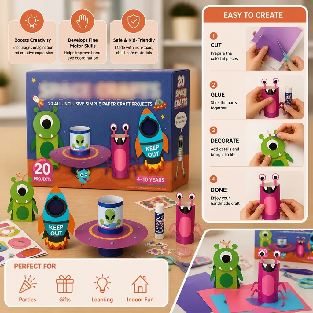 Kids Paper Crafts Box – 20 Easy DIY Arts & Crafts Projects for Ages 3–10 with Glue Stick, Tape & Envelopes