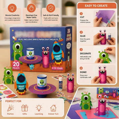 Kids Paper Crafts Box – 20 Easy DIY Arts & Crafts Projects for Ages 3–10 with Glue Stick, Tape & Envelopes