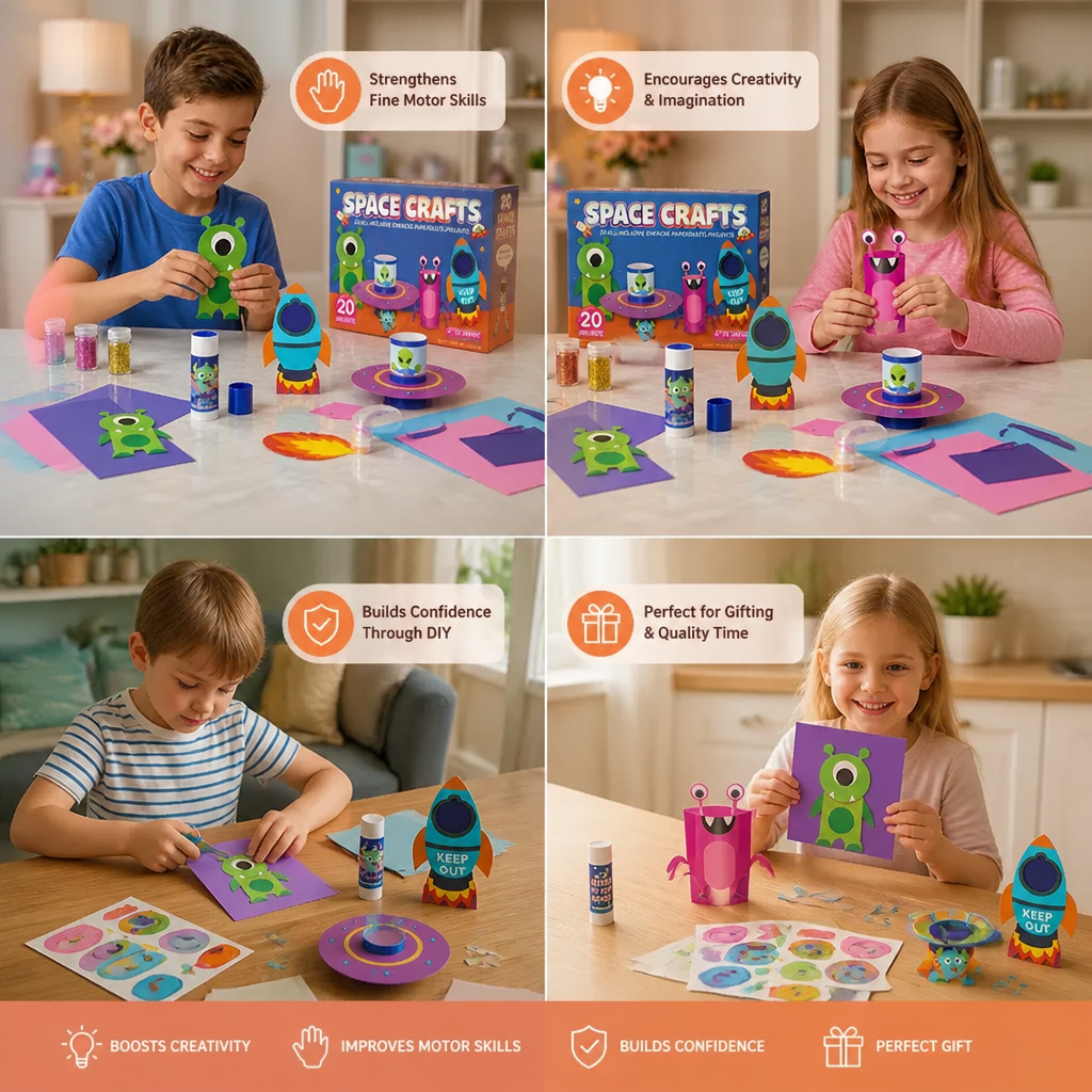 Kids Paper Crafts Box – 20 Easy DIY Arts & Crafts Projects for Ages 3–10 with Glue Stick, Tape & Envelopes