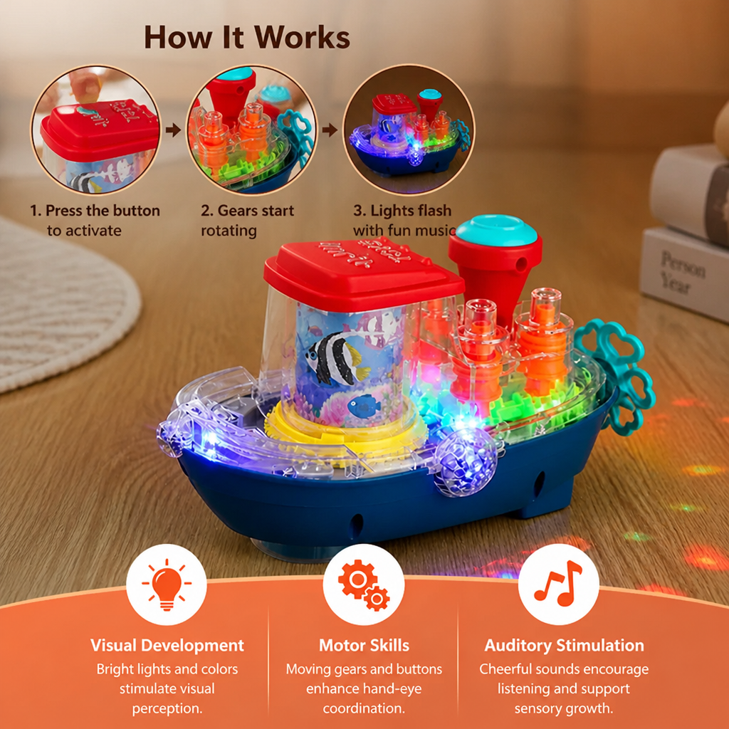 Light-Up Gear Boat – Musical Electric Toy Boat for Kids