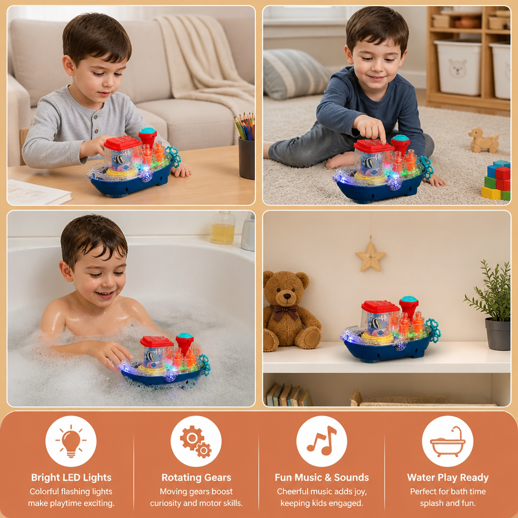 Light-Up Gear Boat – Musical Electric Toy Boat for Kids