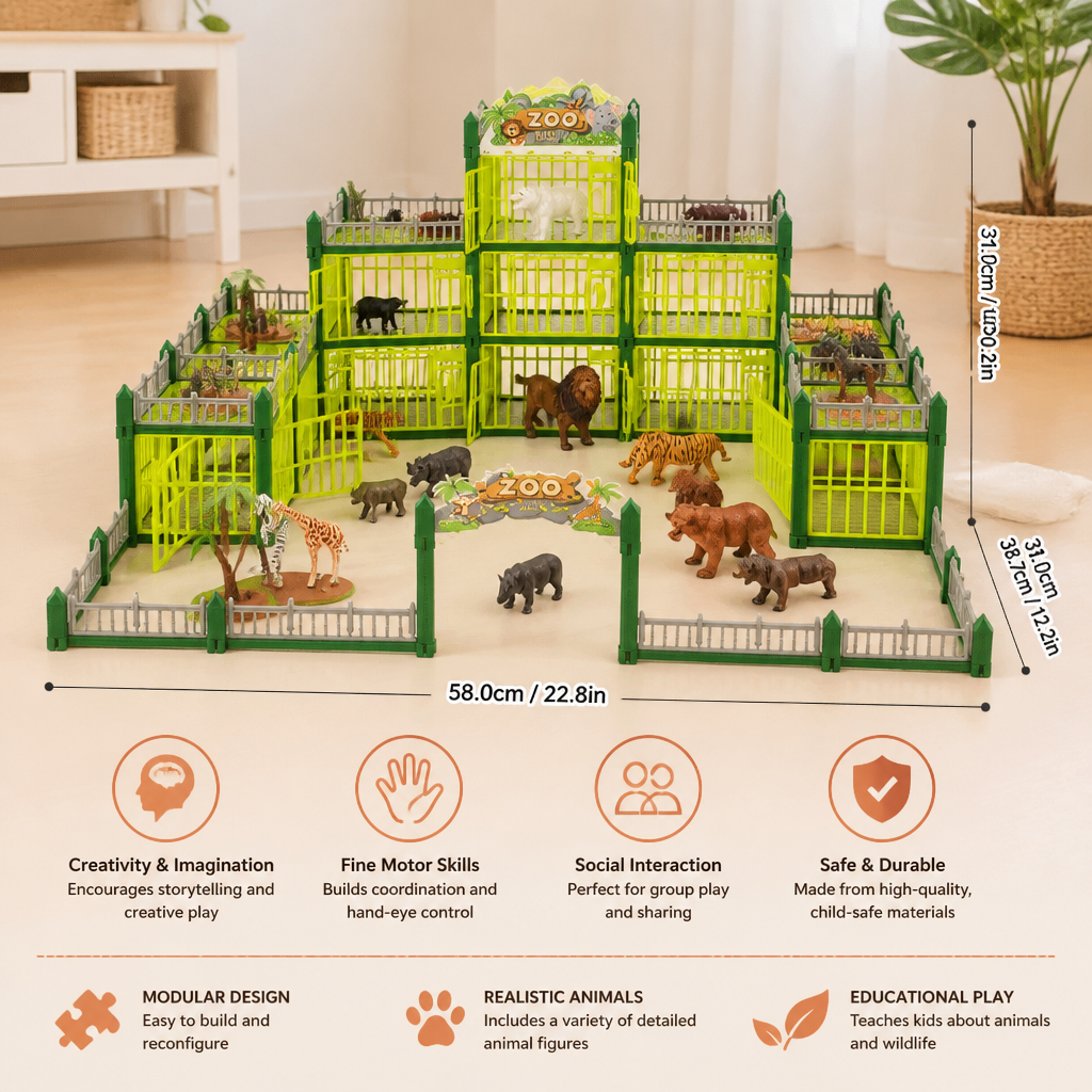 Modular Build-Your-Own Zoo Playset with Animal Figures & Interactive Cages
