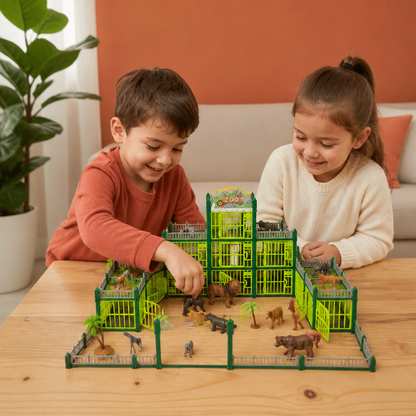 Modular Build-Your-Own Zoo Playset with Animal Figures & Interactive Cages