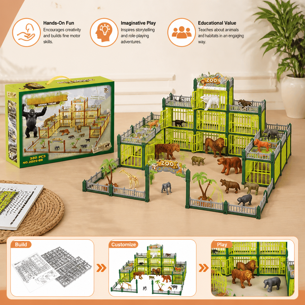 Modular Build-Your-Own Zoo Playset with Animal Figures & Interactive Cages