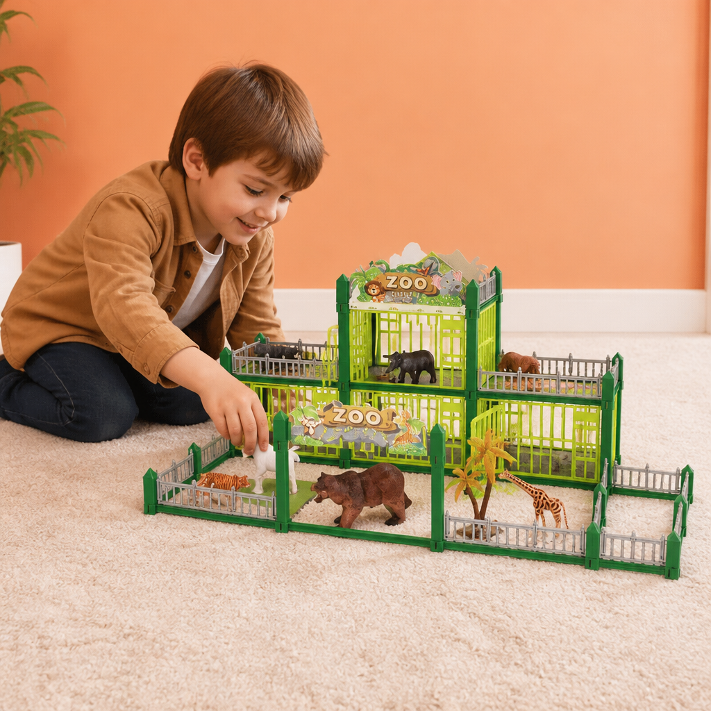 Modular Build-Your-Own Zoo Playset with Animal Figures & Interactive Cages