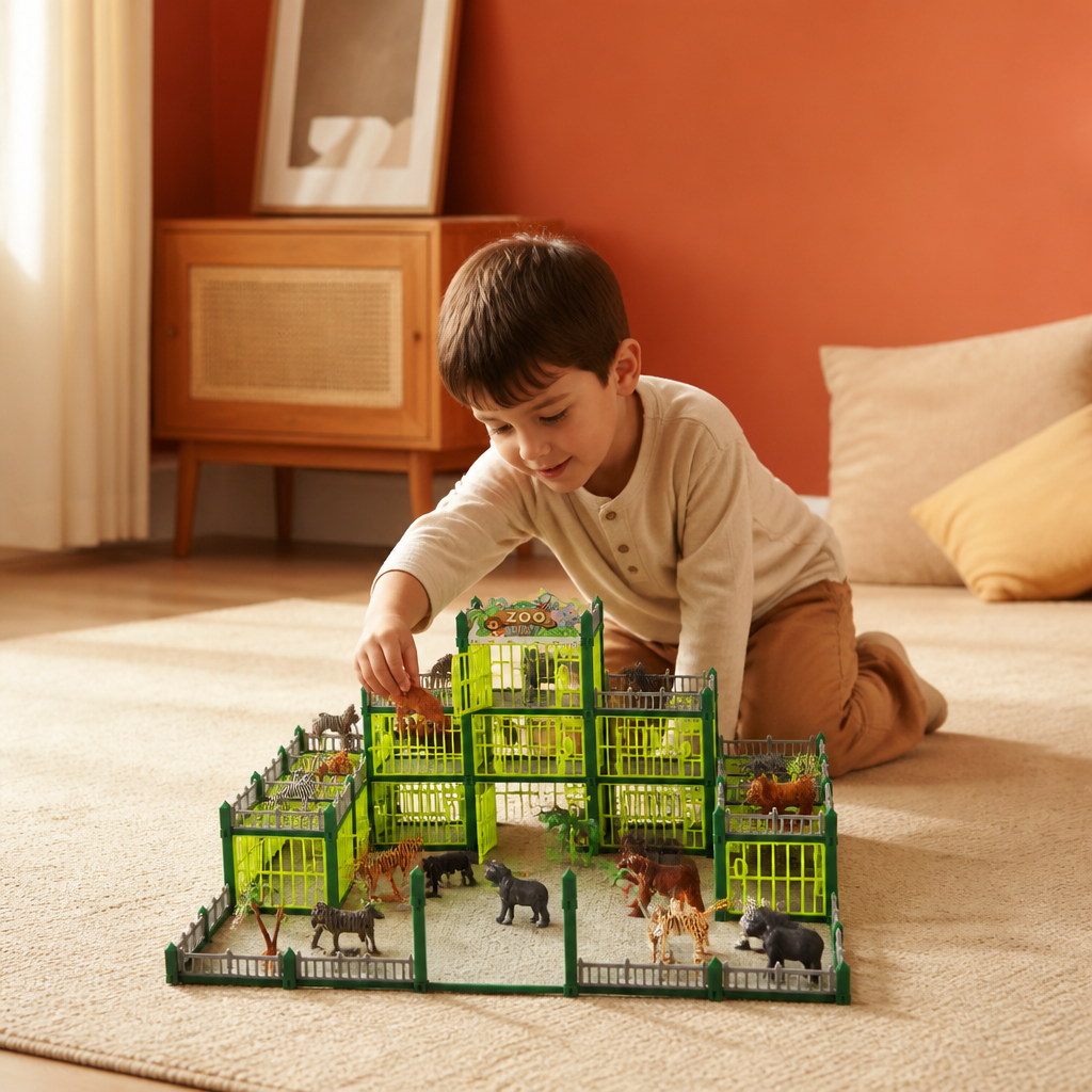 Modular Build-Your-Own Zoo Playset with Animal Figures & Interactive Cages