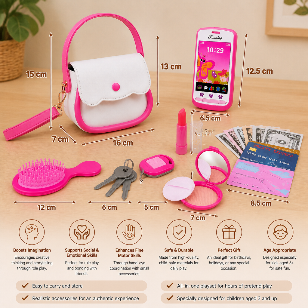 Kids Pretend Play Handbag Set with Phone, Makeup & Accessories