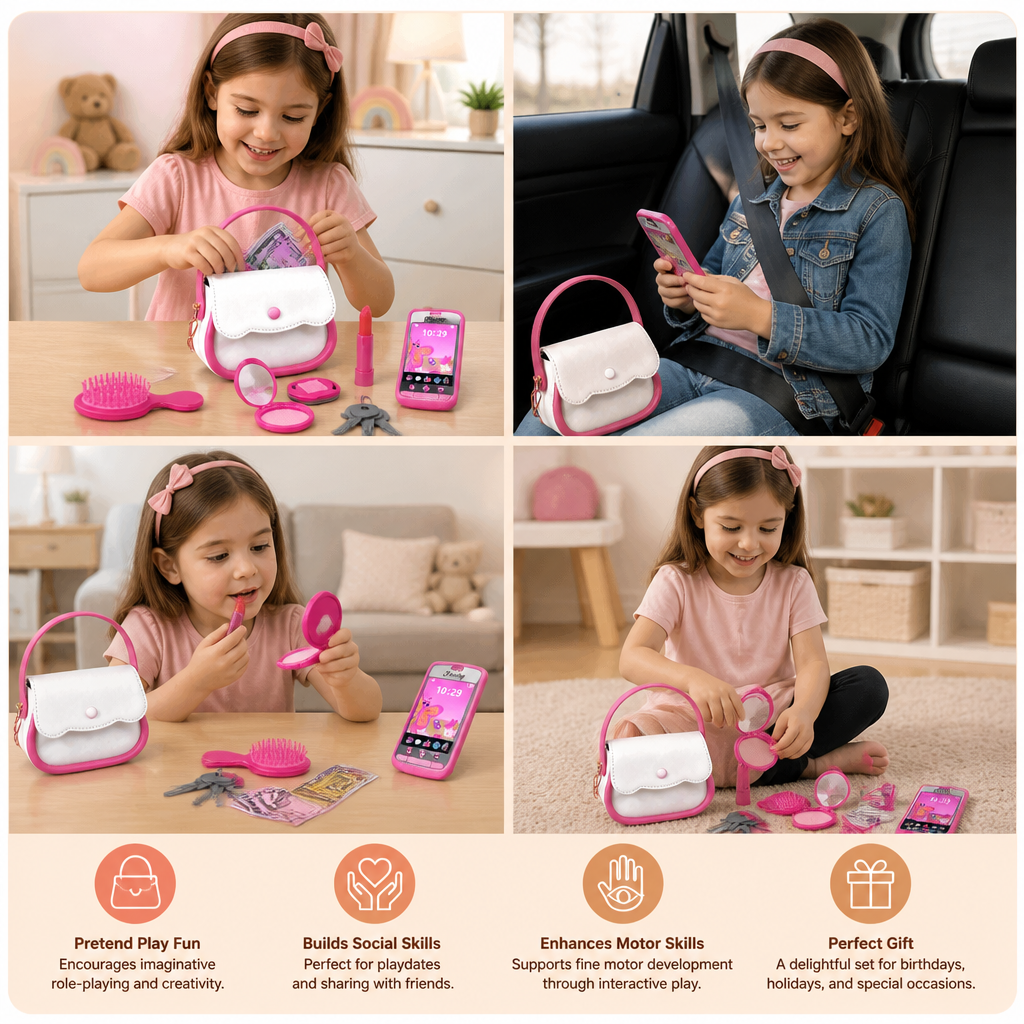 Kids Pretend Play Handbag Set with Phone, Makeup & Accessories