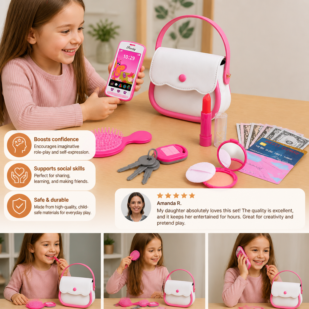 Kids Pretend Play Handbag Set with Phone, Makeup & Accessories