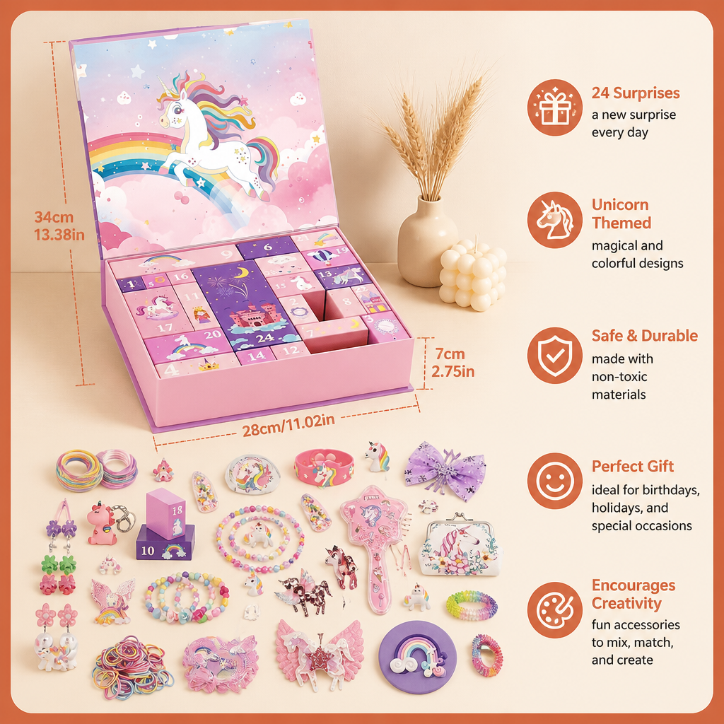 24-Day Unicorn Advent Calendar with Hair Accessories, Stickers & Surprise Gifts