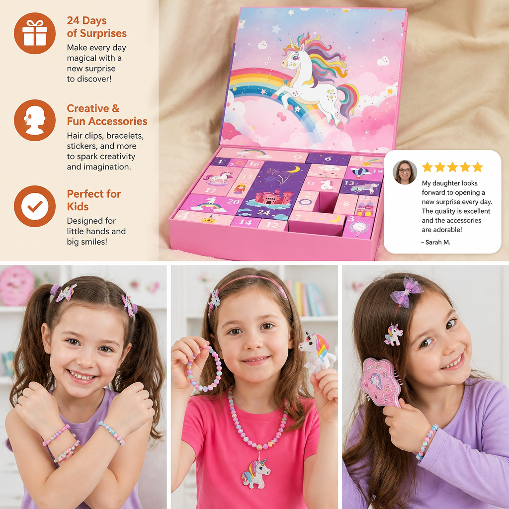24-Day Unicorn Advent Calendar with Hair Accessories, Stickers & Surprise Gifts