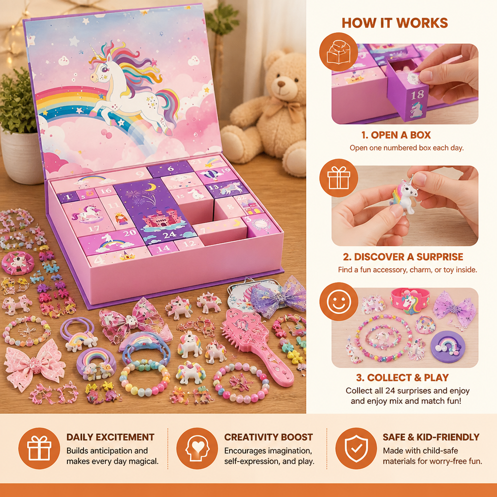 24-Day Unicorn Advent Calendar with Hair Accessories, Stickers & Surprise Gifts