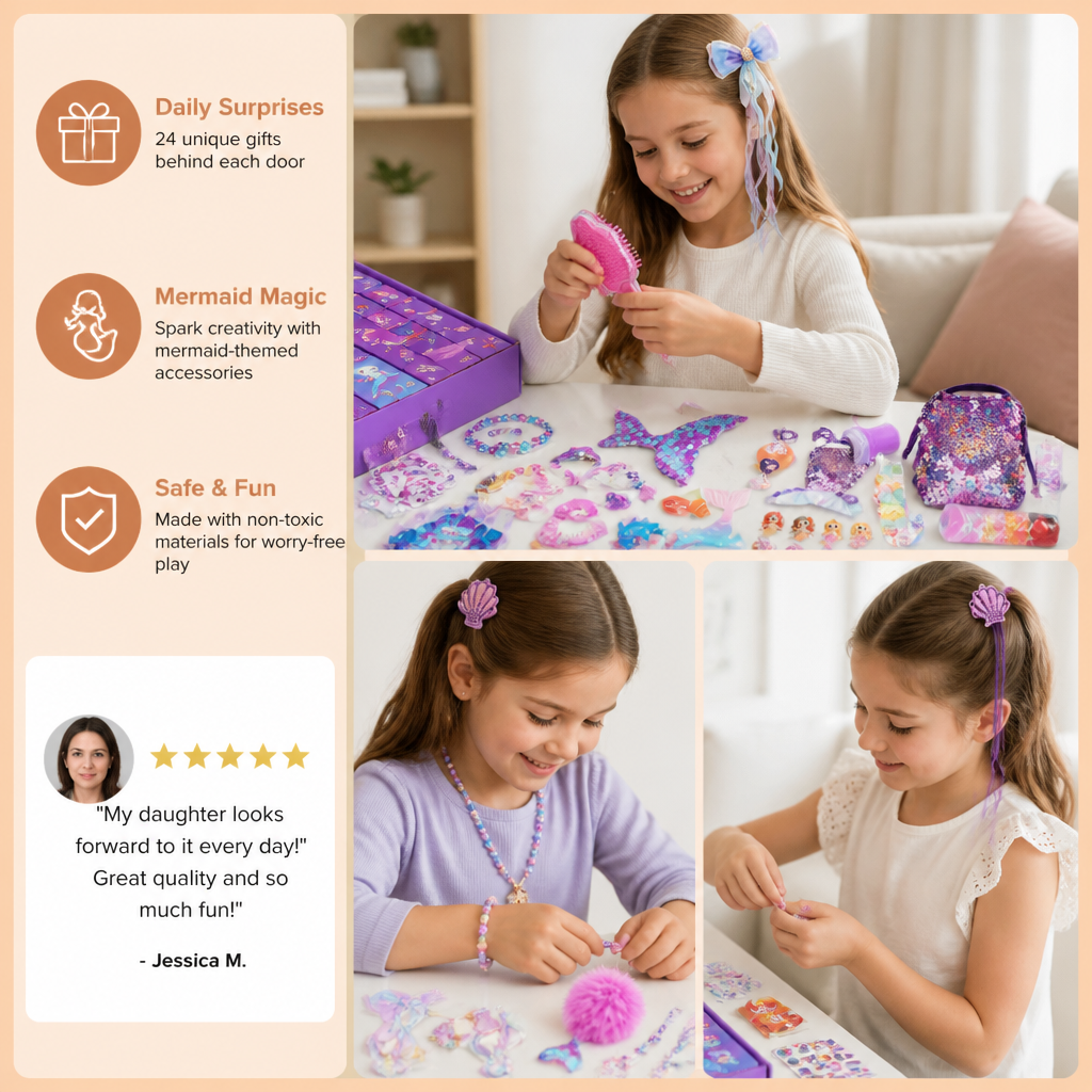 24-Day Mermaid Advent Calendar with Hair Accessories, Stickers & Surprise Gifts