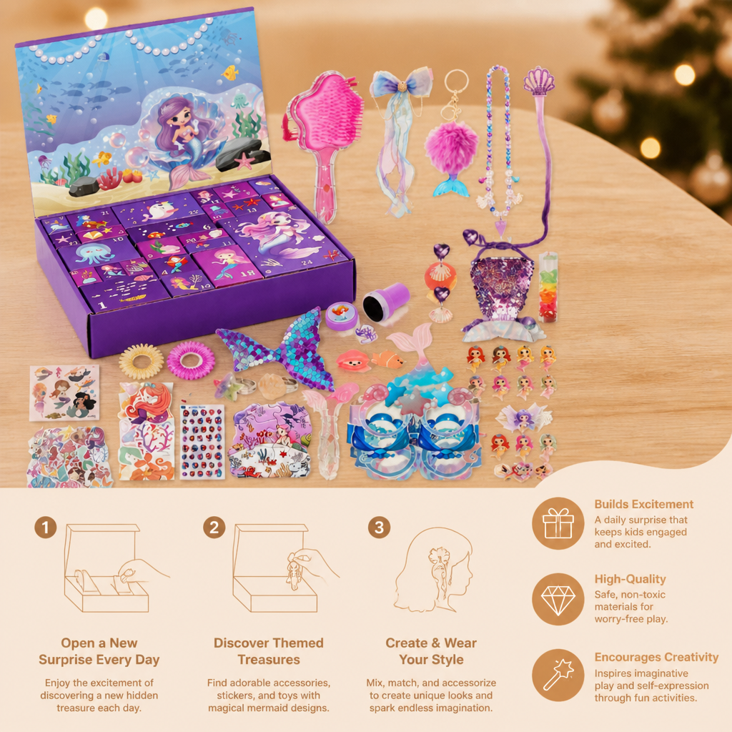 24-Day Mermaid Advent Calendar with Hair Accessories, Stickers & Surprise Gifts