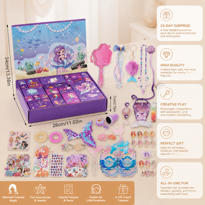 24-Day Mermaid Advent Calendar with Hair Accessories, Stickers & Surprise Gifts