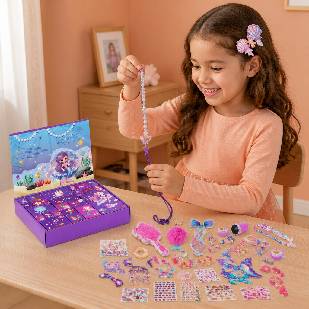 24-Day Mermaid Advent Calendar with Hair Accessories, Stickers & Surprise Gifts