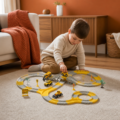 Construction Truck Race Track Playset with Bridge, Vehicles & Road Signs