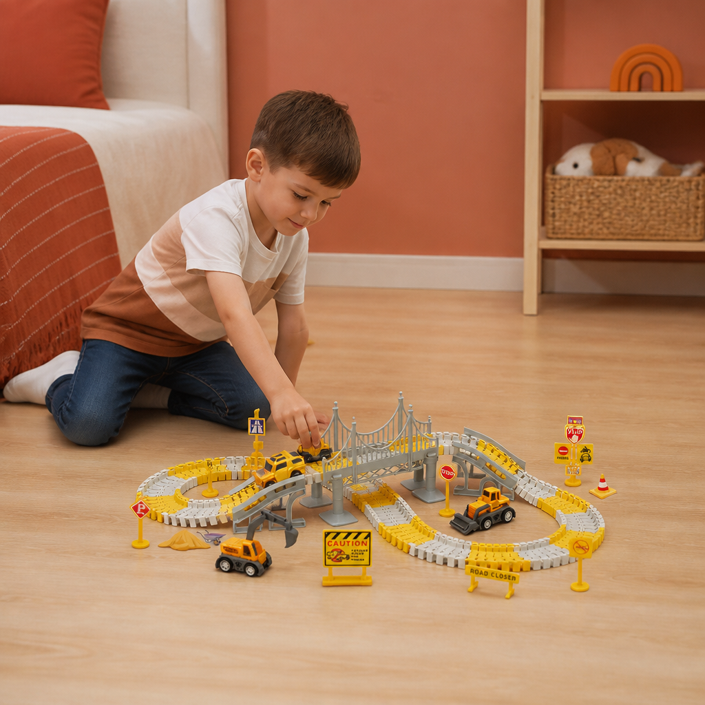 Construction Truck Race Track Playset with Bridge, Vehicles & Road Signs