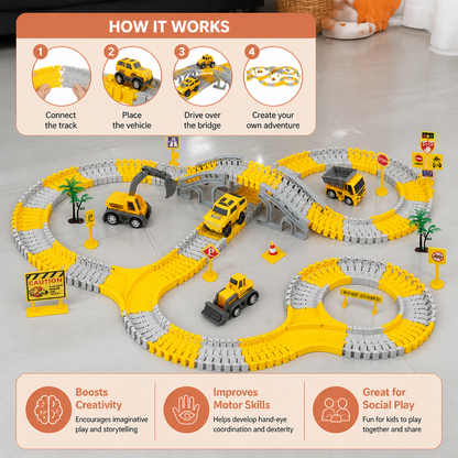 Construction Truck Race Track Playset with Bridge, Vehicles & Road Signs