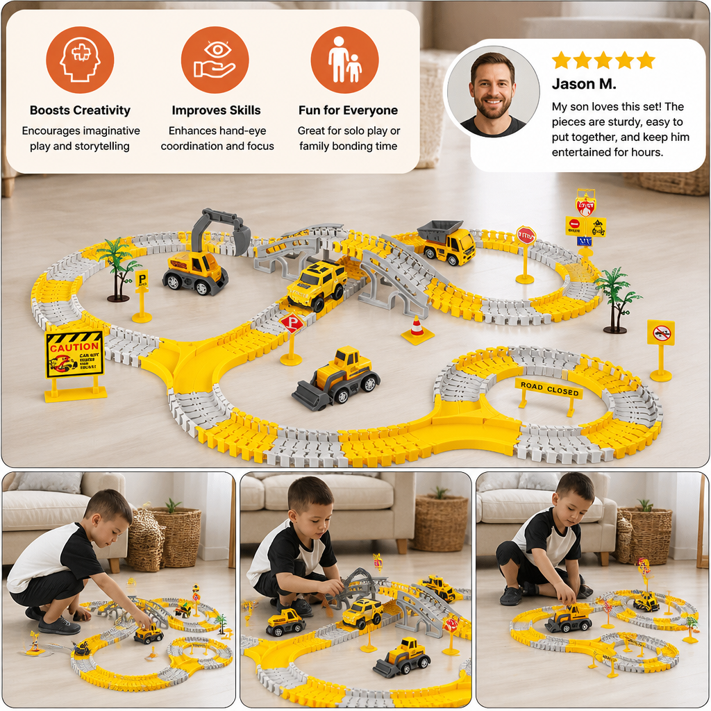 Construction Truck Race Track Playset with Bridge, Vehicles & Road Signs