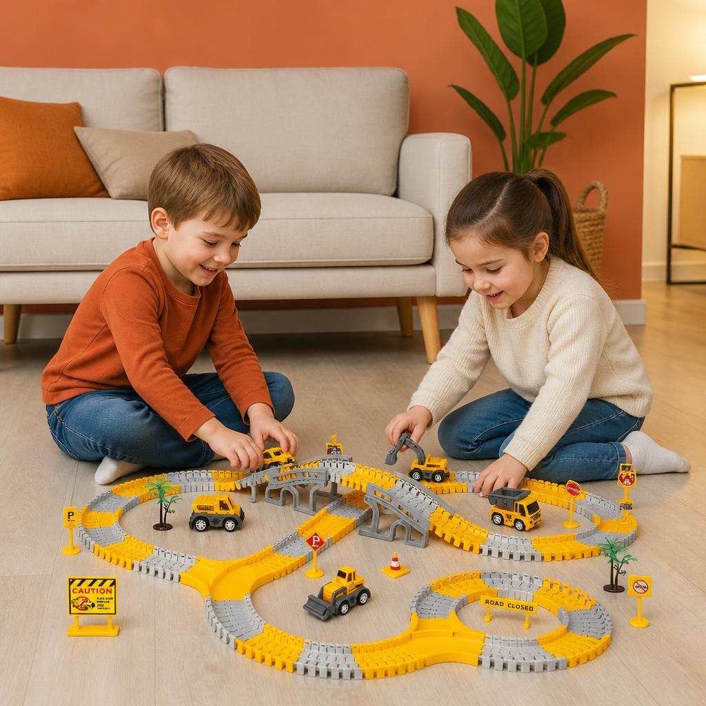 Construction Truck Race Track Playset with Bridge, Vehicles & Road Signs