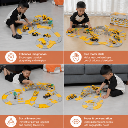 Construction Truck Race Track Playset with Bridge, Vehicles & Road Signs