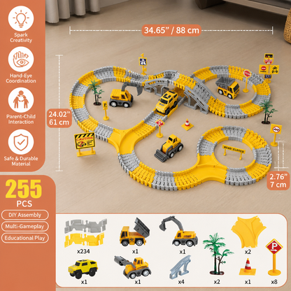 Construction Truck Race Track Playset with Bridge, Vehicles & Road Signs