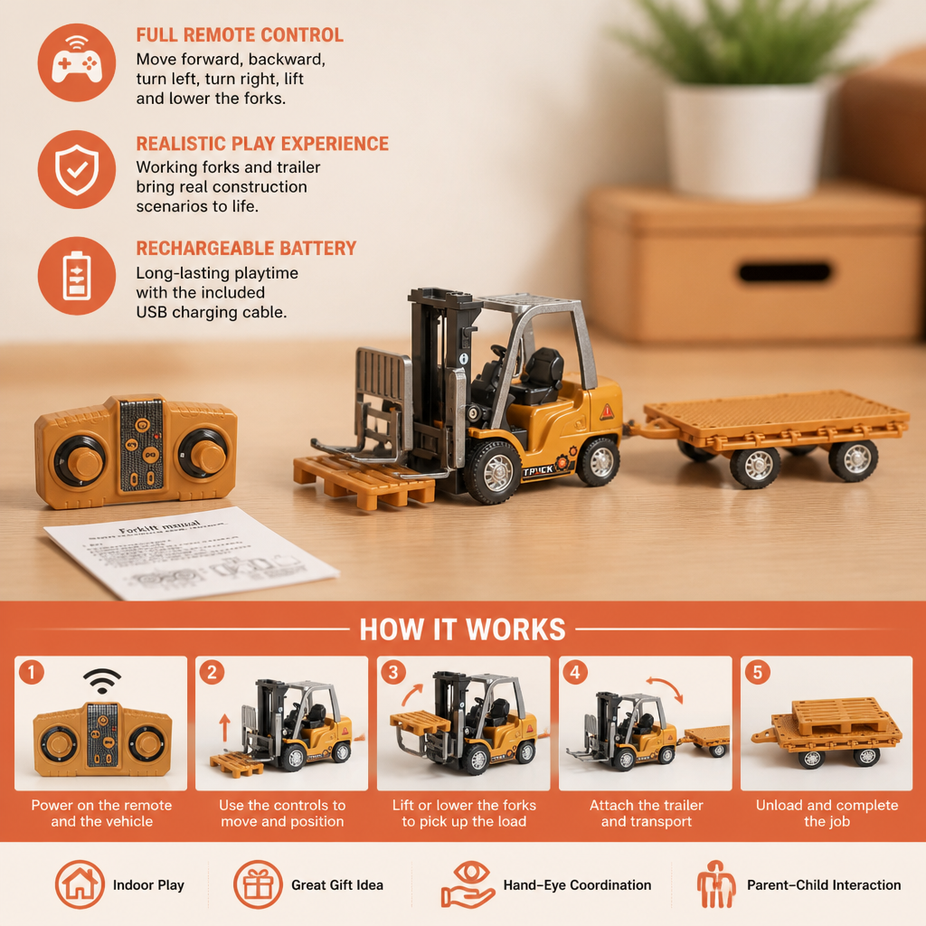 1:64 Scale RC Construction Vehicles – Forklift, Excavator, Dump Truck & Bulldozer