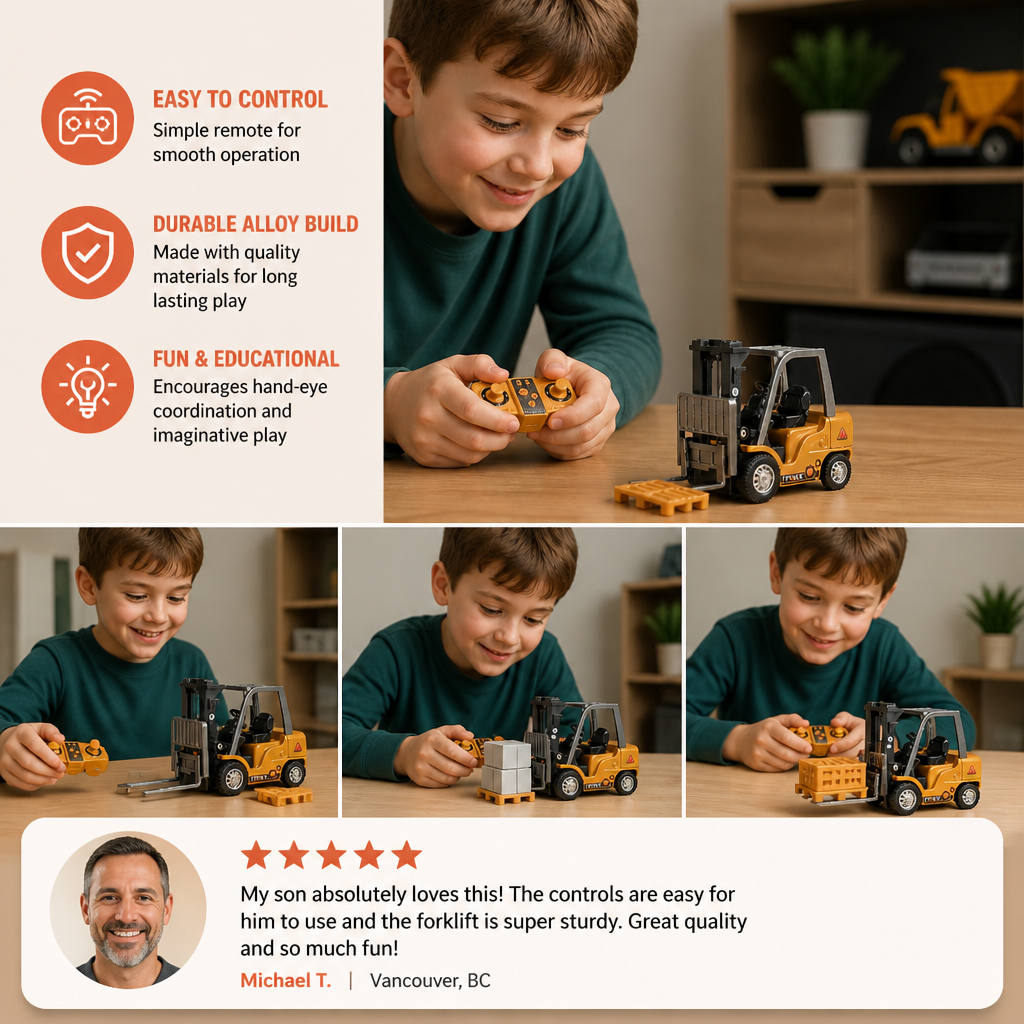 1:64 Scale RC Construction Vehicles – Forklift, Excavator, Dump Truck & Bulldozer