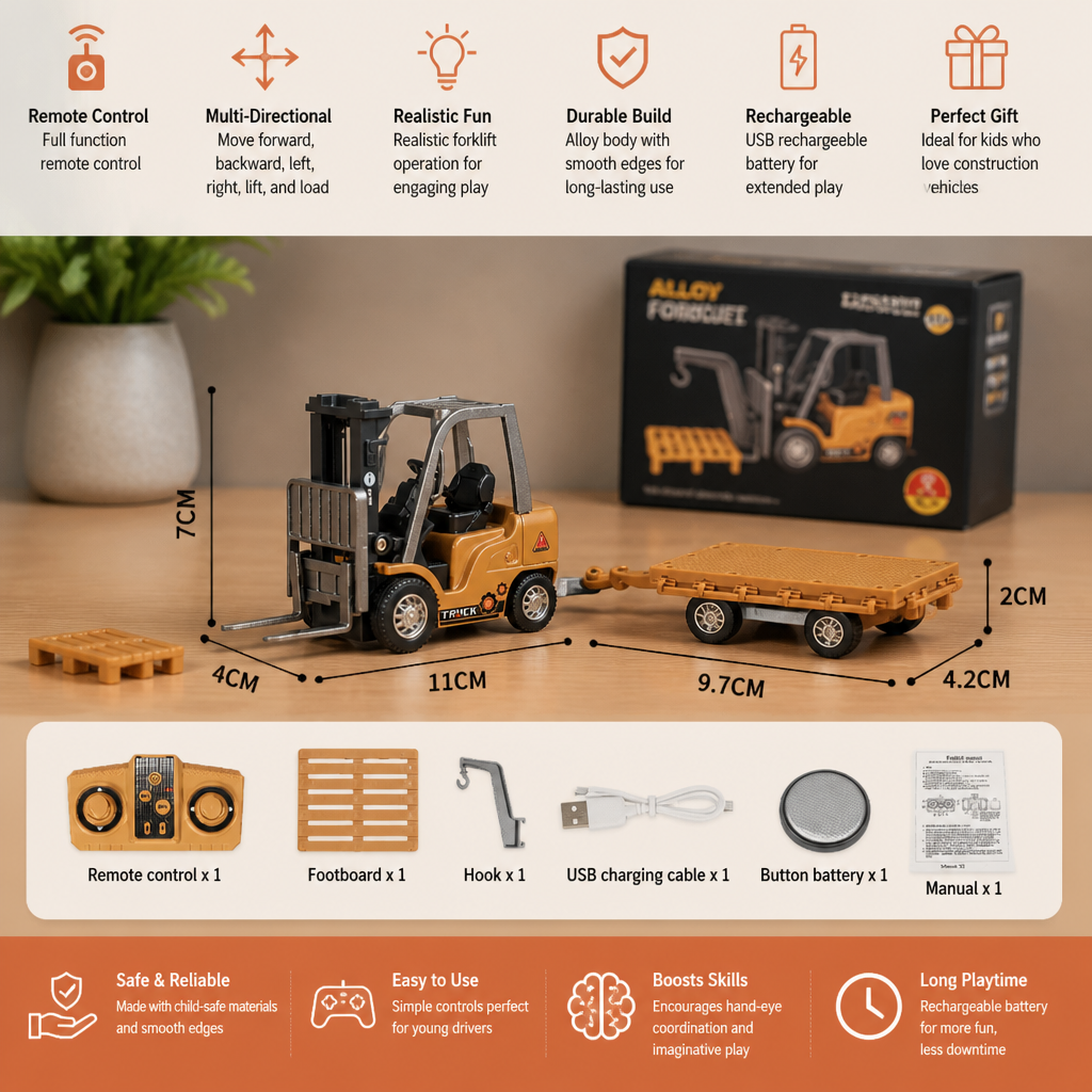 1:64 Scale RC Construction Vehicles – Forklift, Excavator, Dump Truck & Bulldozer