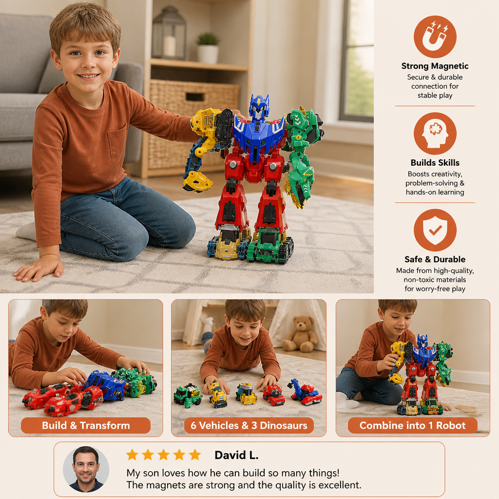 6-in-1 Magnetic Transforming Toy – Build 6 Vehicles, 3 Dinosaurs & 1 Robot