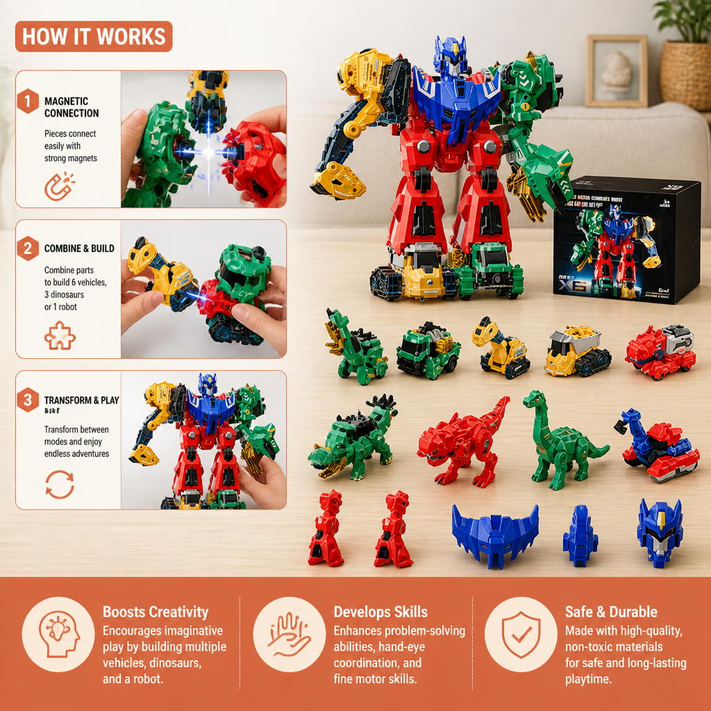 6-in-1 Magnetic Transforming Toy – Build 6 Vehicles, 3 Dinosaurs & 1 Robot