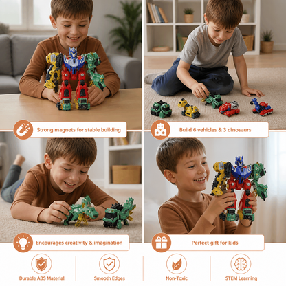6-in-1 Magnetic Transforming Toy – Build 6 Vehicles, 3 Dinosaurs & 1 Robot