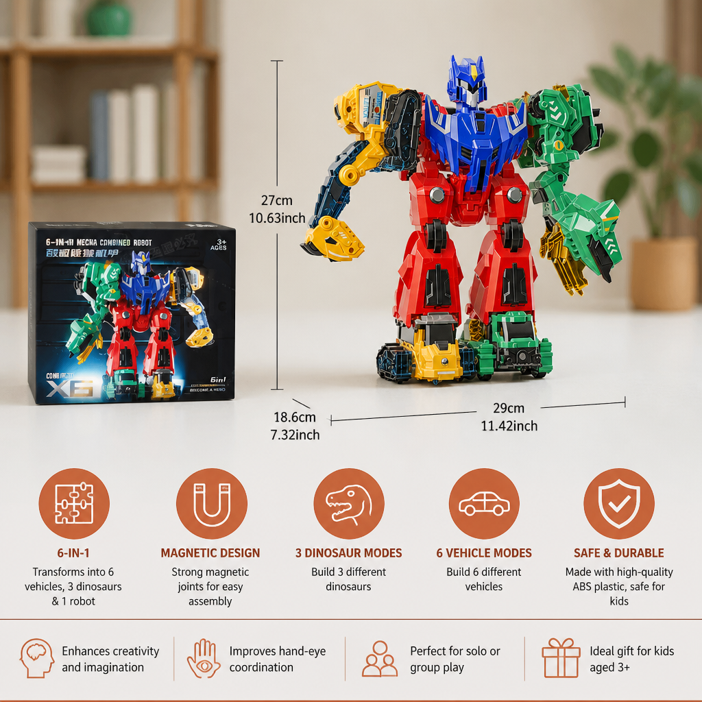 6-in-1 Magnetic Transforming Toy – Build 6 Vehicles, 3 Dinosaurs & 1 Robot