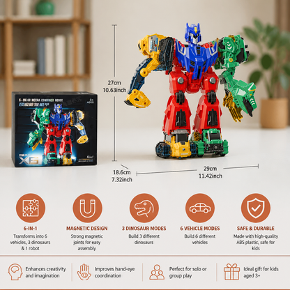 6-in-1 Magnetic Transforming Toy – Build 6 Vehicles, 3 Dinosaurs & 1 Robot