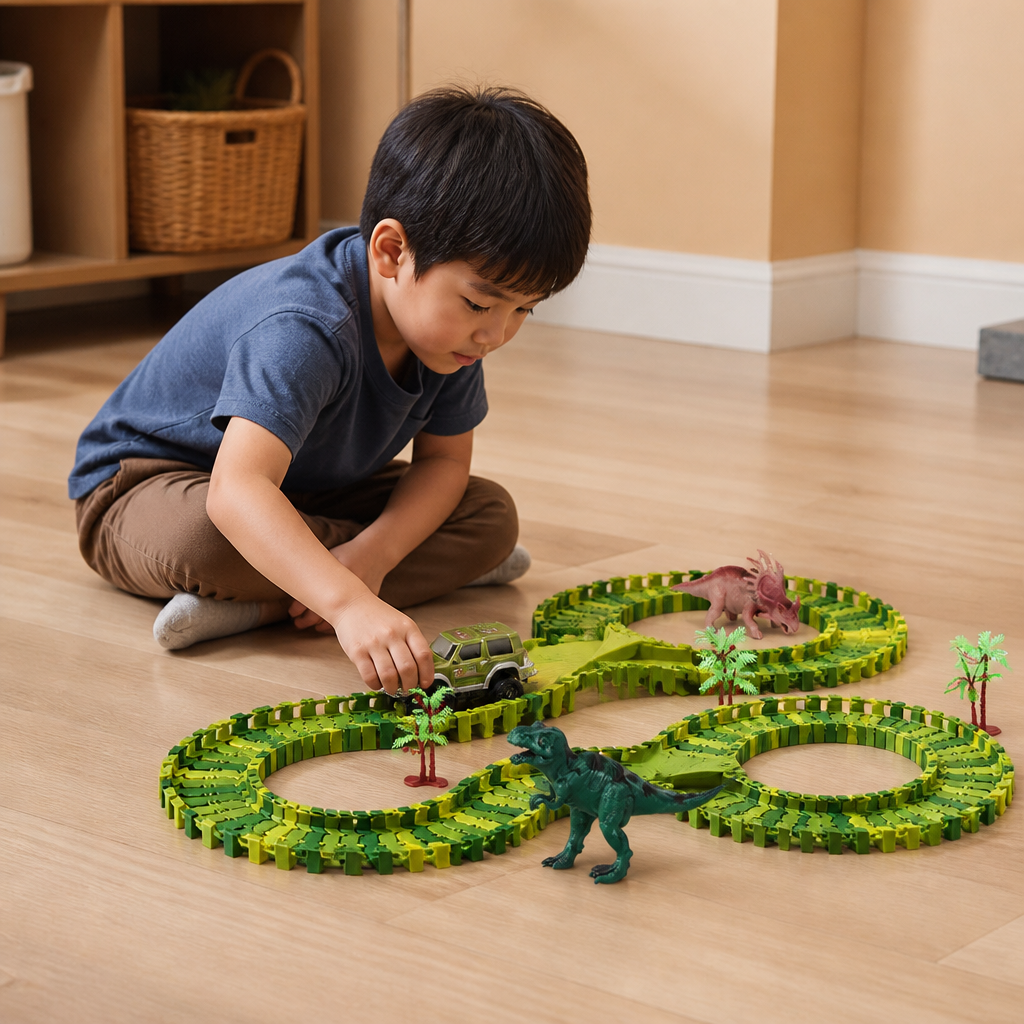 215-Piece Dinosaur Race Track Set with Motorized Cars, Bridge & Dinosaur Figures
