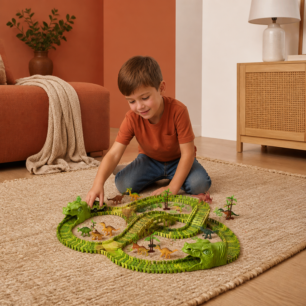 215-Piece Dinosaur Race Track Set with Motorized Cars, Bridge & Dinosaur Figures