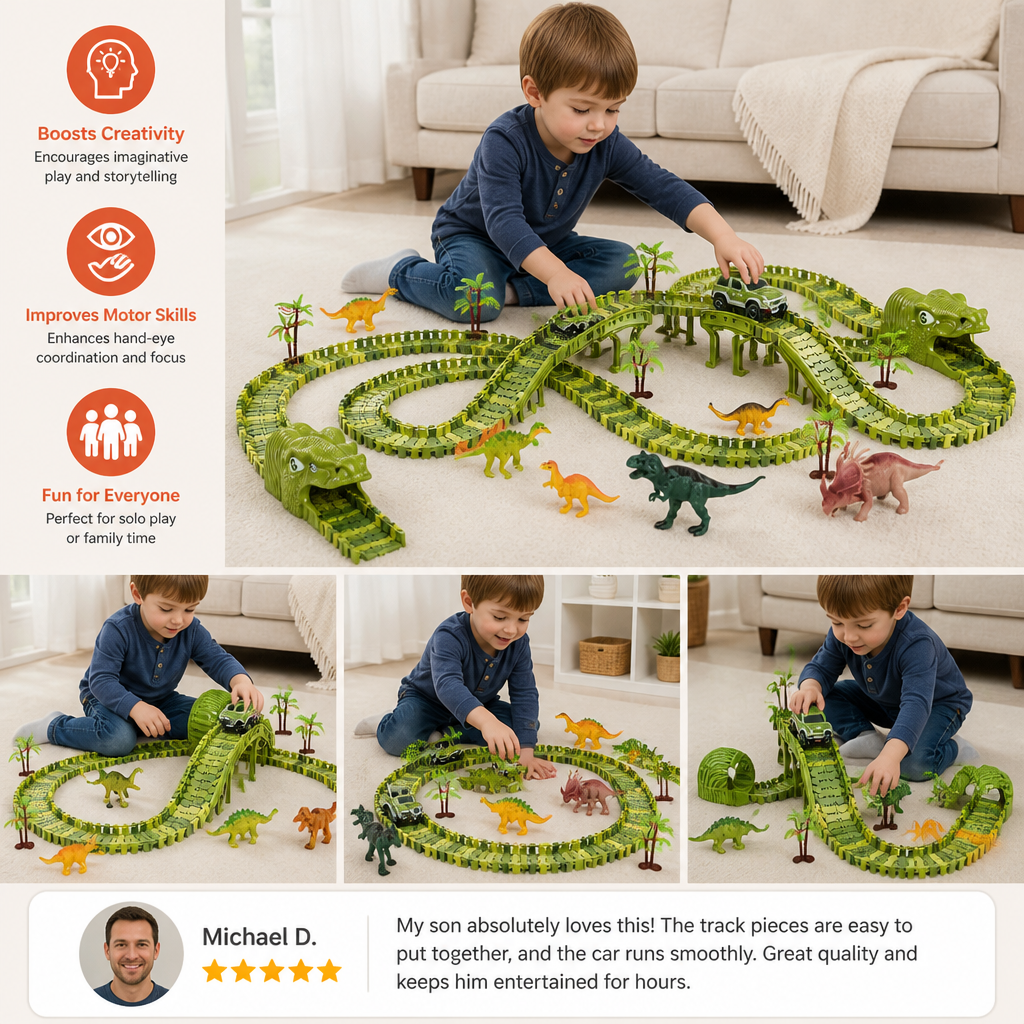 215-Piece Dinosaur Race Track Set with Motorized Cars, Bridge & Dinosaur Figures