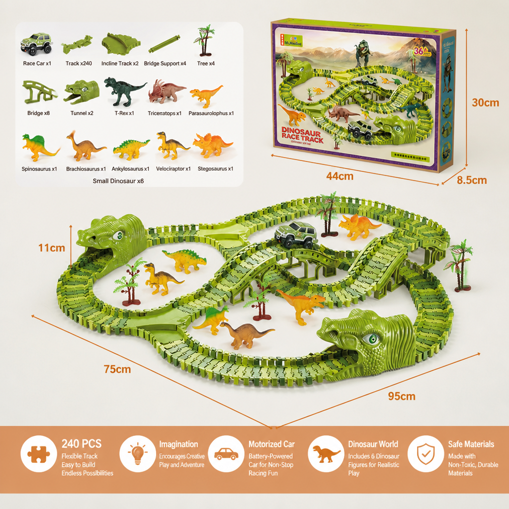 215-Piece Dinosaur Race Track Set with Motorized Cars, Bridge & Dinosaur Figures