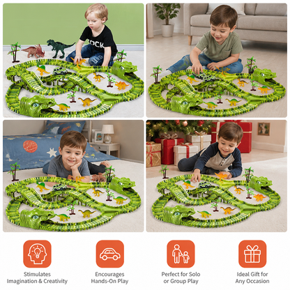 215-Piece Dinosaur Race Track Set with Motorized Cars, Bridge & Dinosaur Figures