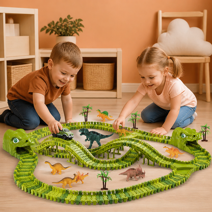 215-Piece Dinosaur Race Track Set with Motorized Cars, Bridge & Dinosaur Figures