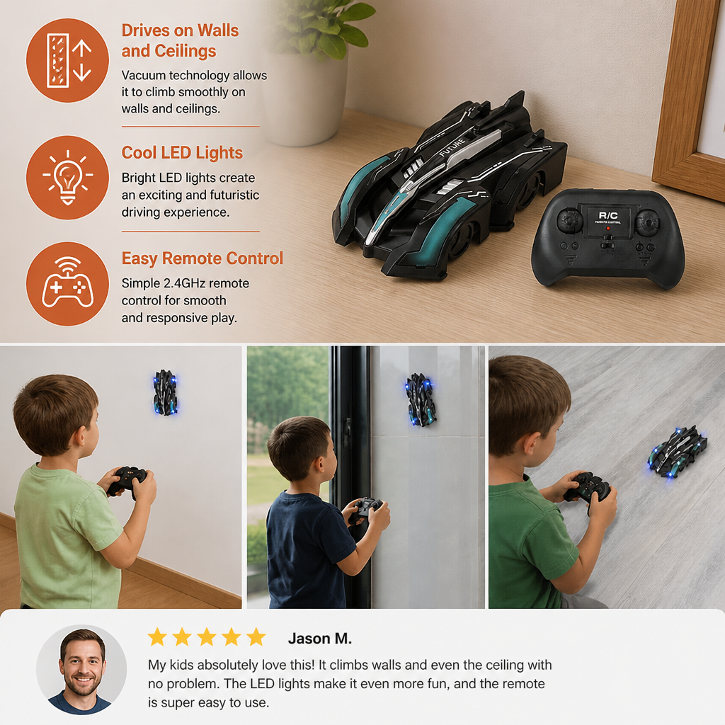 Remote Control Wall-Climbing Car with LED Lights