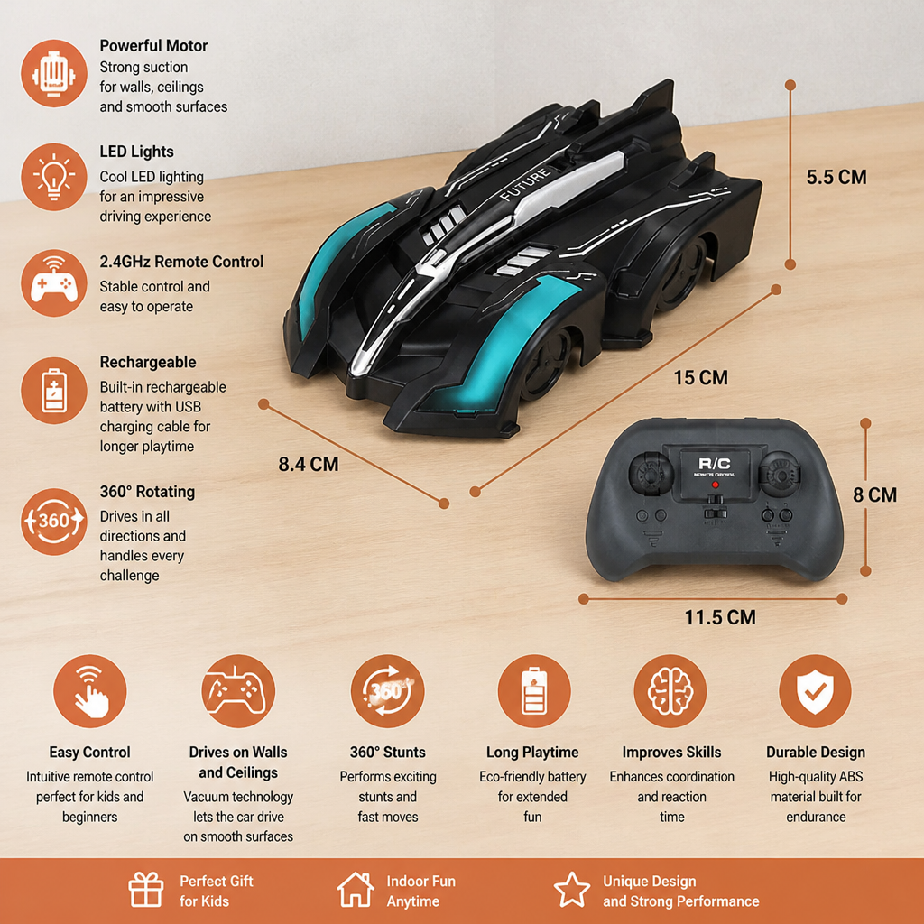 Remote Control Wall-Climbing Car with LED Lights