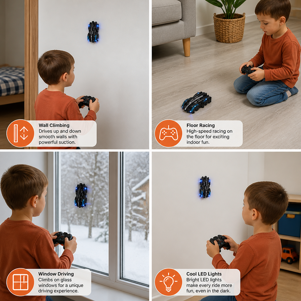 Remote Control Wall-Climbing Car with LED Lights