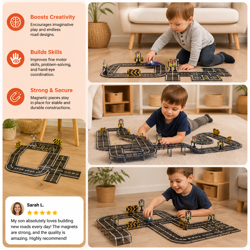 Magnetic Tiles & Building Blocks Set with Roads & Traffic Lights