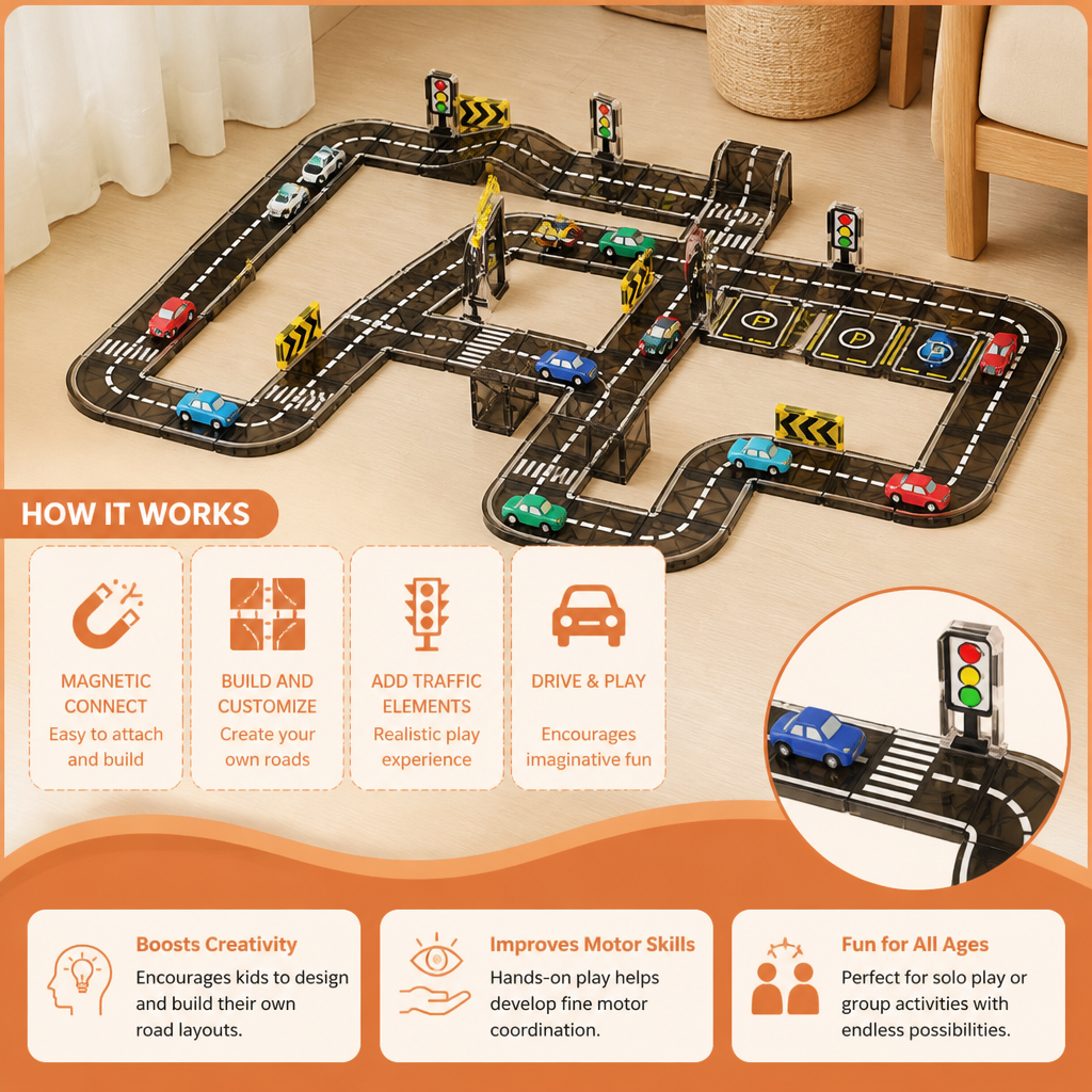 Magnetic Tiles & Building Blocks Set with Roads & Traffic Lights