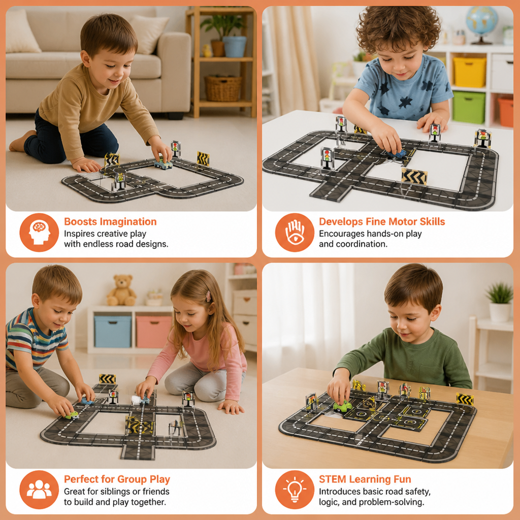 Magnetic Tiles & Building Blocks Set with Roads & Traffic Lights