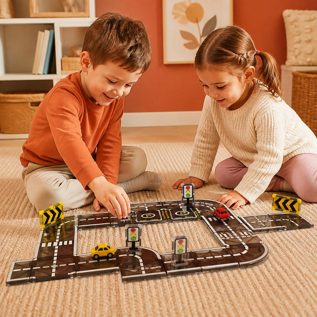 Magnetic Tiles & Building Blocks Set with Roads & Traffic Lights