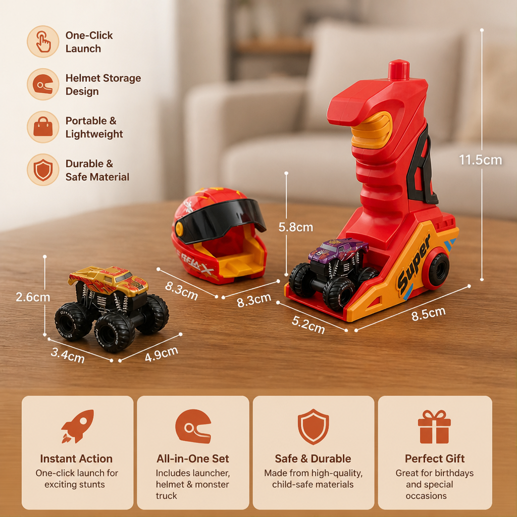 One-Click Monster Truck Launcher with Helmet & Handle Design